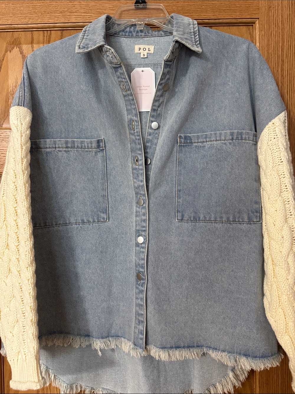 POL Light Blue Denim Shirt with Cream Cable-Knit Sleeves, Raw Hem, Star on back